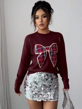 Elenzga Women's Christmas Bow Sequin Plaid Pullover Sweater, Casual Red Knit